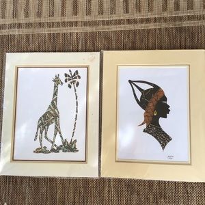 Lot of 2 butterfly wing art giraffe, African lady prints